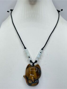 Tiger’s Eye Fox Pendant Necklace White Crystal Glass Beads Adjustable Cord Boho
